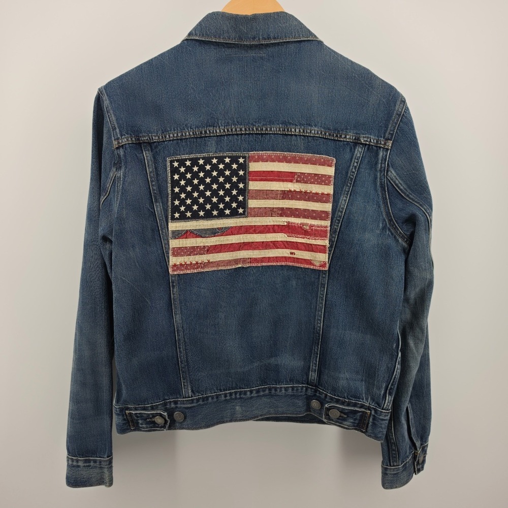 Polo Ralph Lauren Mens Denim Trucker Jacket American Flag Patch Blue Medium